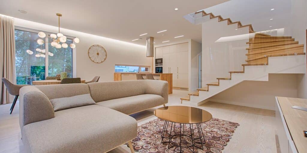 Modern open-concept living room interior with natural light