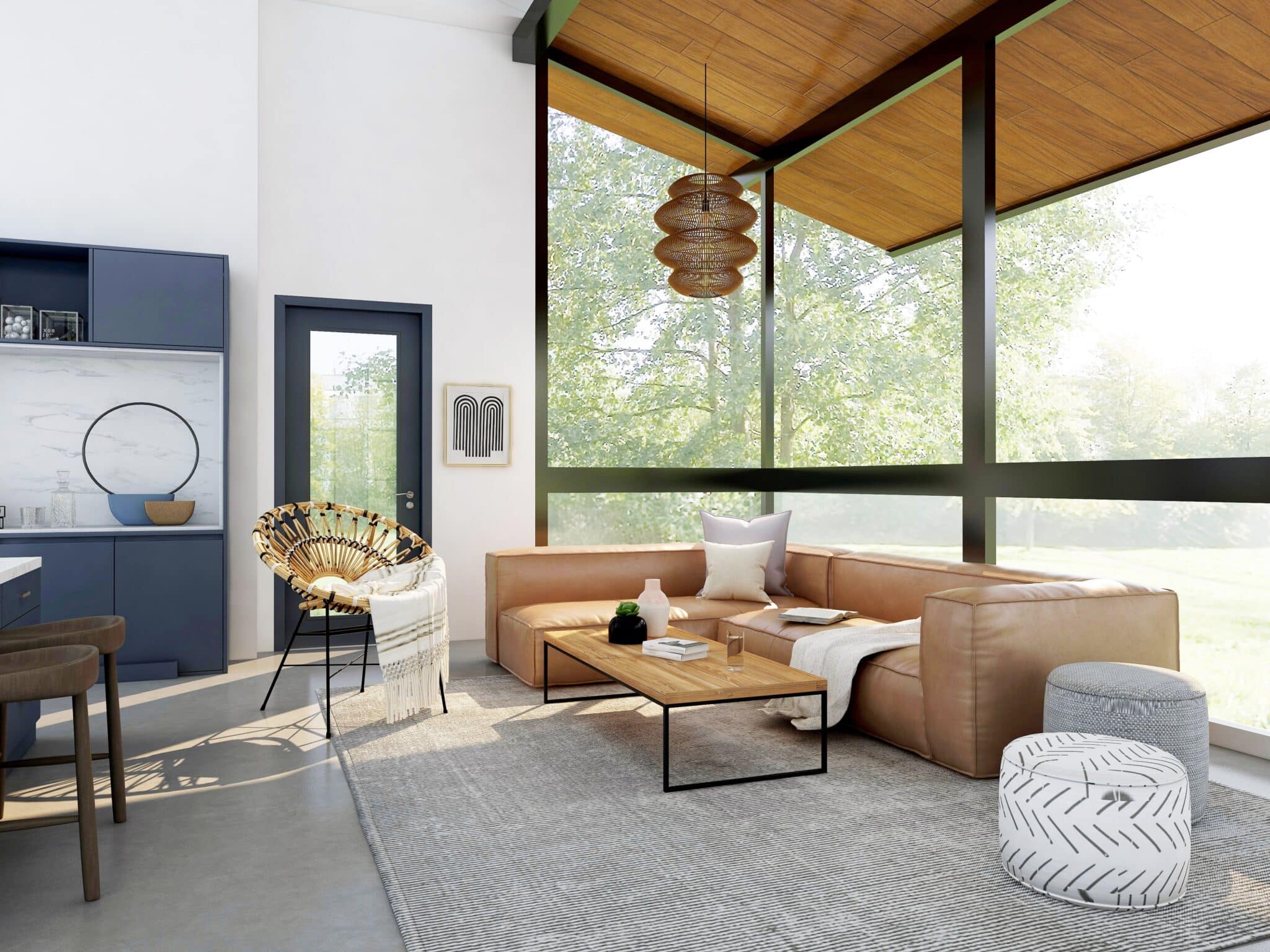 Contemporary living room with large windows and modern furnishings